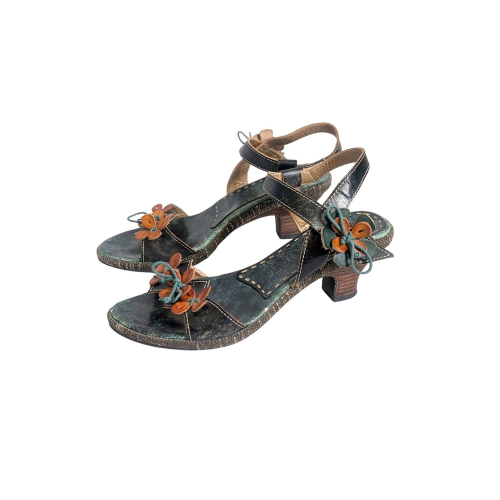 Spring Step Fairy Grunge Euro Summer Green Strappy Leather Floral Kitten Heels